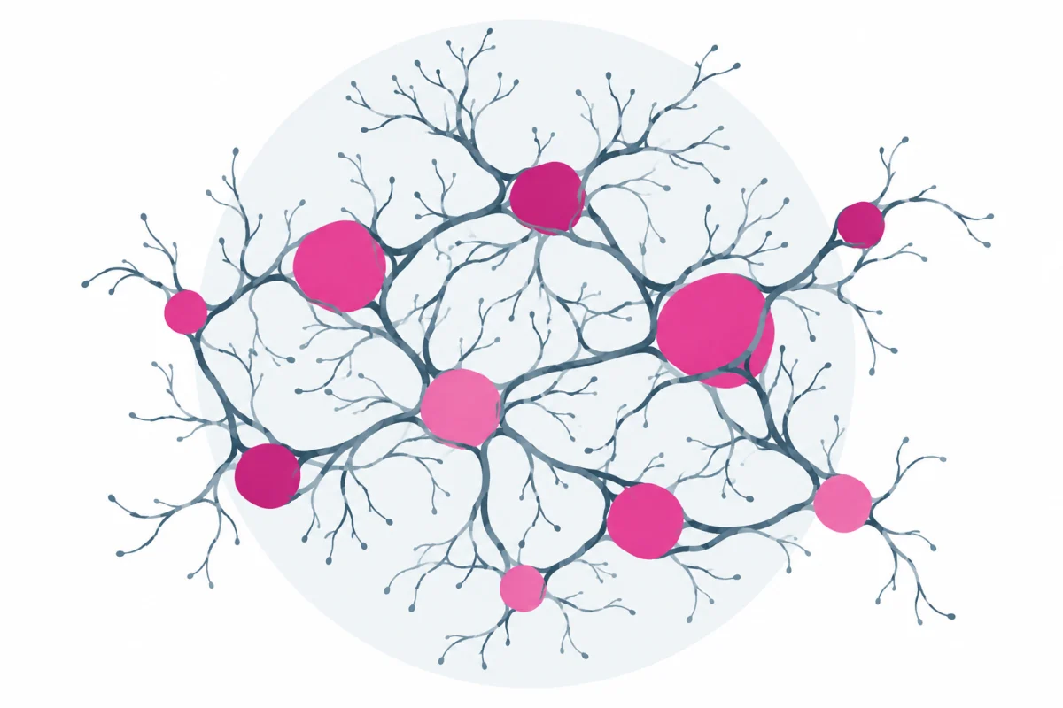 Concept illustration of substrate particles connected by a branching mycelial network